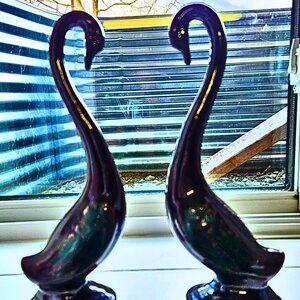 Vintage Mid Century Ceramic Swan Figurines Pair Brown Green Wings 10” - Japan